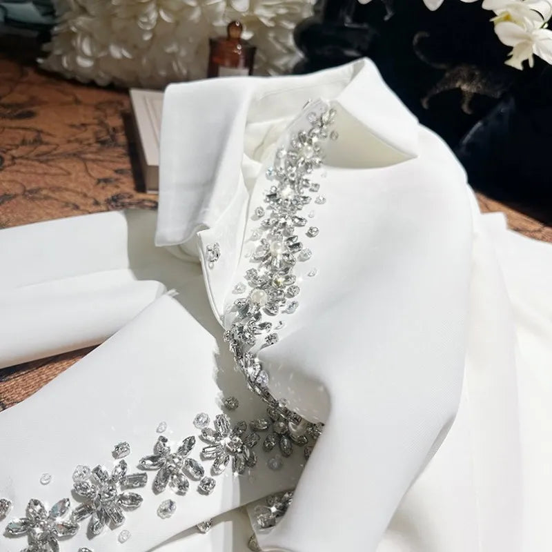 Banquet Fashion Women Luxury Diamonds Solid Color Lapel Short Jacket High Waist A Line Tank Dress Elegant Ladies Two Piece Set
