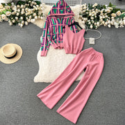 3 Piece Set Stylish Cardigan Tank Top+Pants High Quality