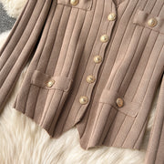 Senior Knitted Suits Fashion Metal Button Vest+V Neck Long Sleeves Cardigans+Wide Legs Pants Stripe Three Pieces Sets