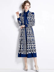 High Quality Long Sleeve Bow Neck Flower Print Elegant Dresses