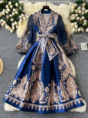 High-quality paisley print patchwork wrap puff sleeve maxi party dress