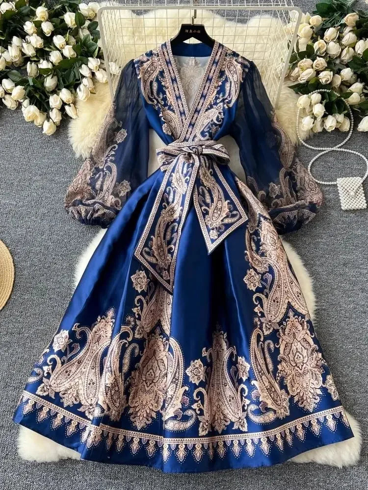High-quality paisley print patchwork wrap puff sleeve maxi party dress