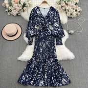 Retro Sweet V Neck Slim Lace -up Print Autumn Summer Elegant Elastic Dress A-line Long Sleeve Vacation Women Mermaid Dresses