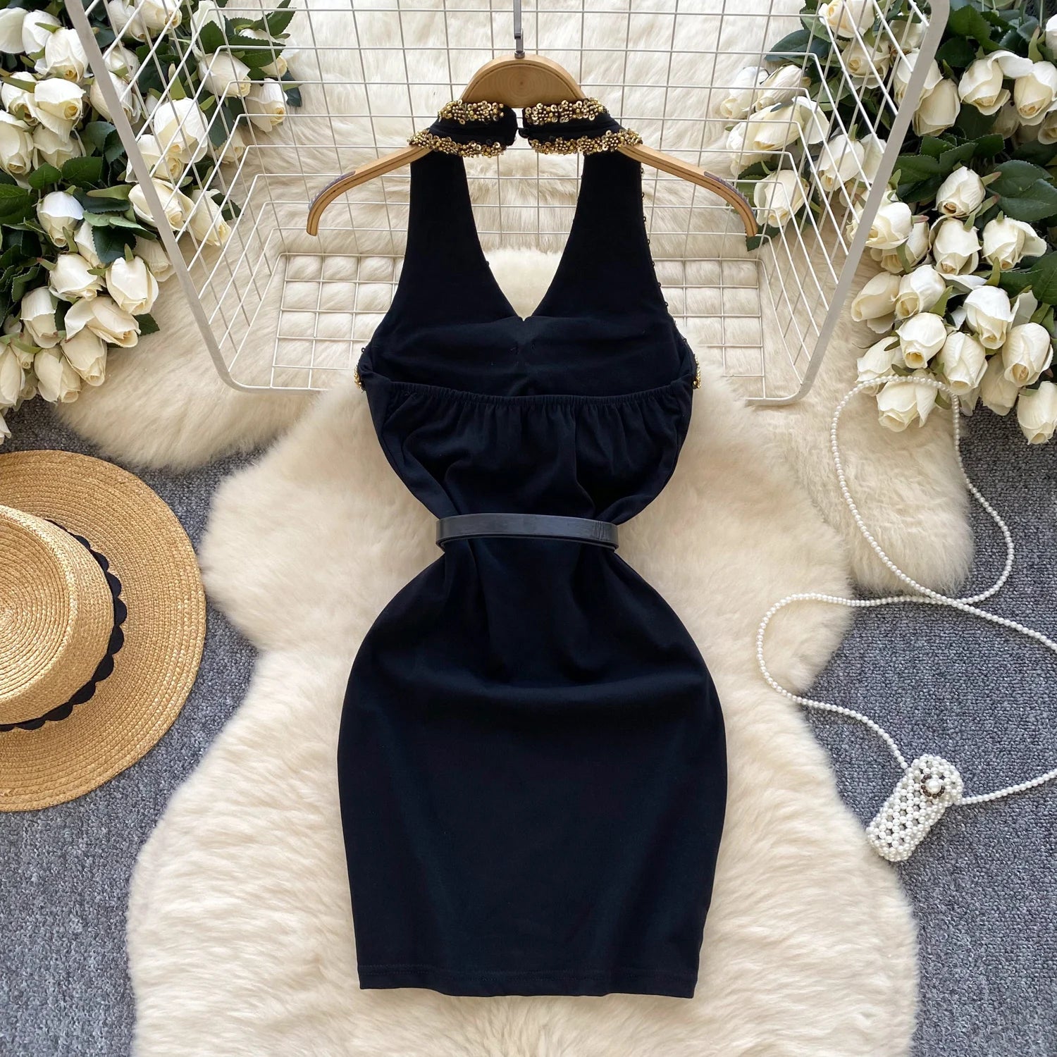 French V-neck, halterneck, backless short dress with fitted belt with high quality beads and sequins