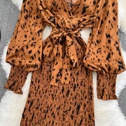 Retro Sweet V Neck Slim Lace -up Print Autumn Summer Elegant Elastic Dress A-line Long Sleeve Vacation Women Mermaid Dresses