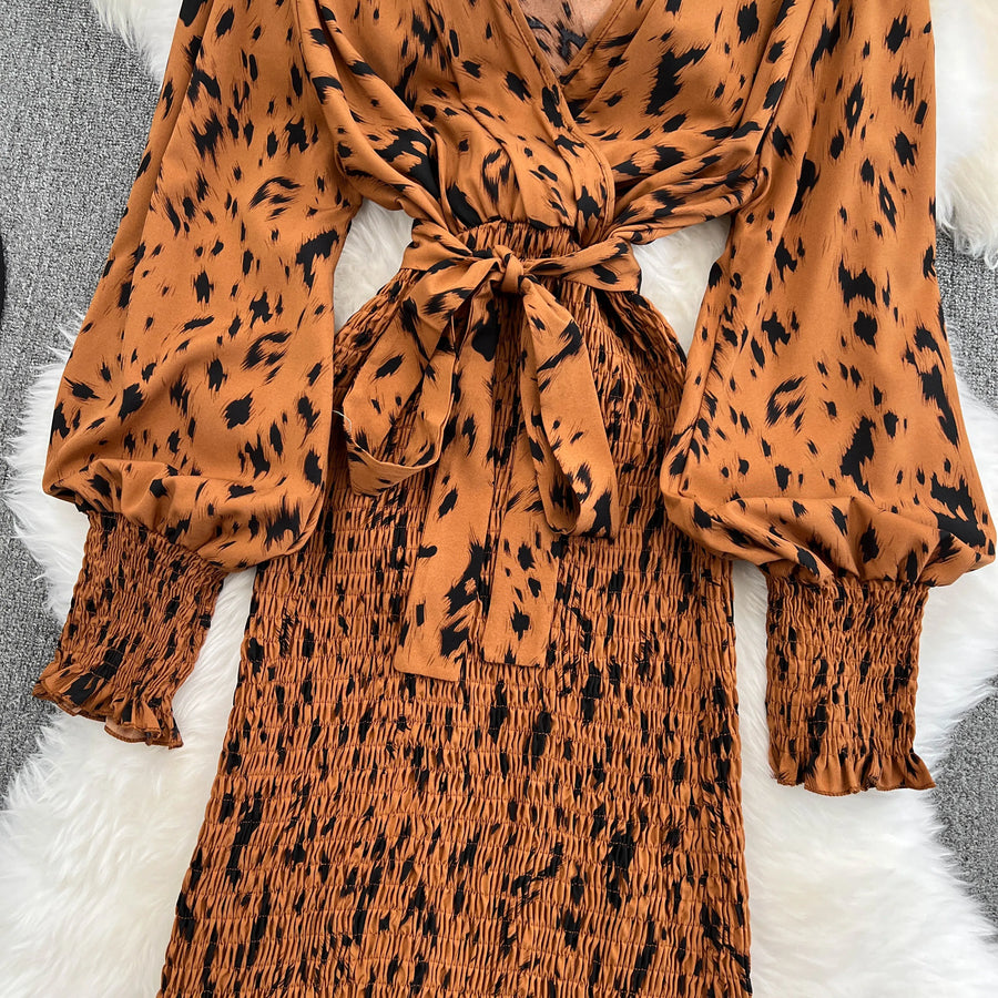 Retro Sweet V Neck Slim Lace -up Print Autumn Summer Elegant Elastic Dress A-line Long Sleeve Vacation Women Mermaid Dresses