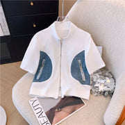 Summer New Stitched Zipper T-shirt top Female Set Elegant Women's Jeans Casual Blouse Two Piece Set Ladies Tracksuits big