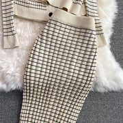 3-piece set knitted set tube skirt + high-quality knitted cardigan