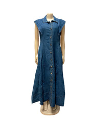 Long Dress Women Denim Dresses A Line Vestidos  Streetwear Turn Down Collar Sleeveless Elegant Casual Loose