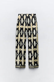 Women's Geometric Print Shirt Pants Suit V-neck Long Sleeves Top High Waist Hidden Zip Straight Leg Pants Female Chic Set