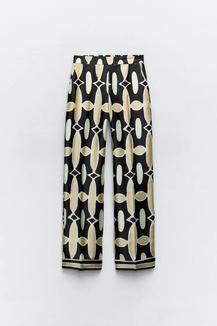 Women's Geometric Print Shirt Pants Suit V-neck Long Sleeves Top High Waist Hidden Zip Straight Leg Pants Female Chic Set