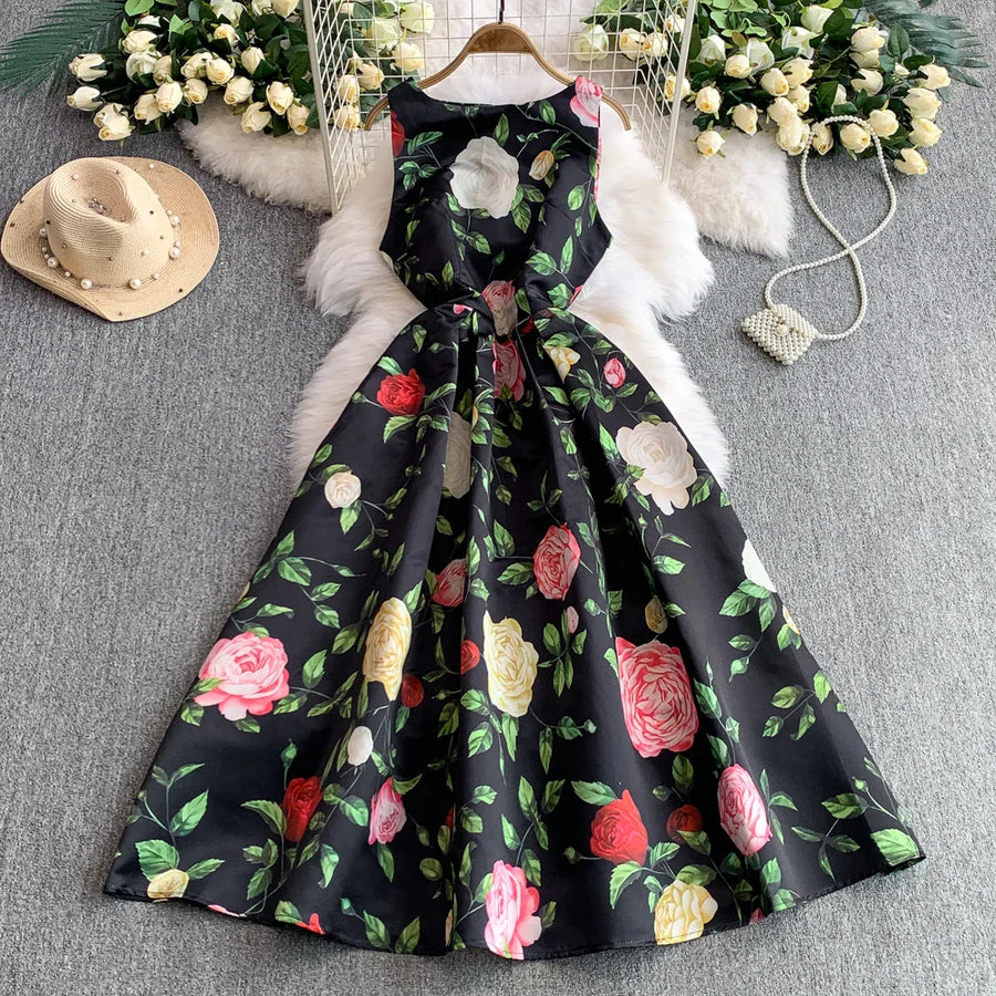 Fashion Elegant Print Sleeveless Dress Women 2026 Summer New Slim Waist Gown Ball Big Swing Robe Fresh Temperament Vestidos