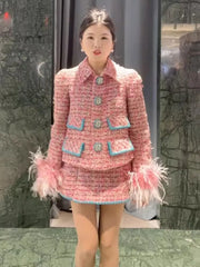 Women Auutmn Winter Sweet Feather Single Breasted Tweed Short Jacket High Waist A-Line Skirt Offce Ladies Fashion Two Piece Set