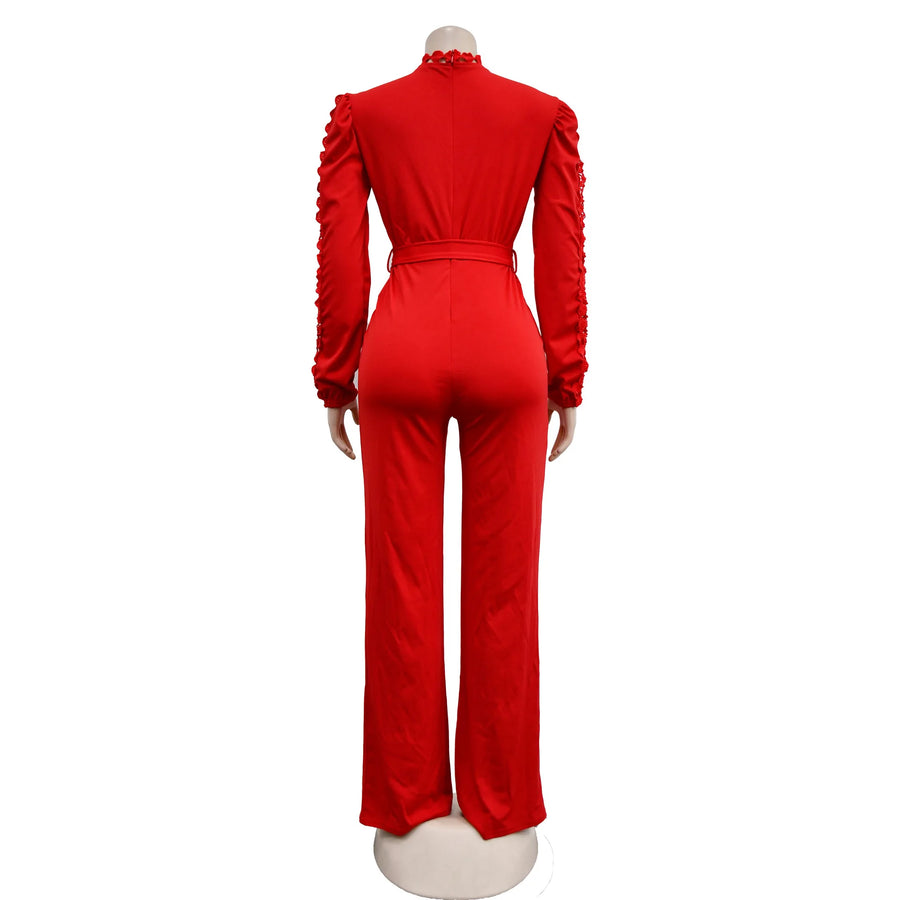 Elegant Hollow Out Turtleneck Long Sleeve Slim Fit Jumpsuit with Belt High Quality