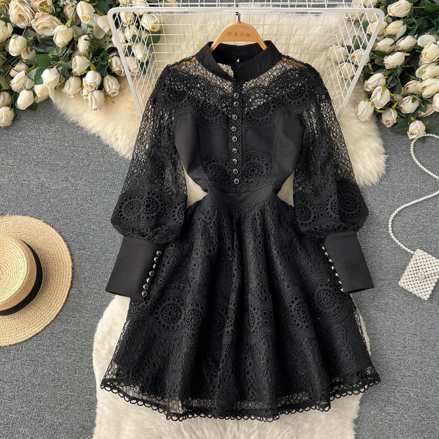 Vintage Flowers Embroidered Hollow Out Lace Dress High Neck Long Lantern Sleeve High Quality Pearl Buttons