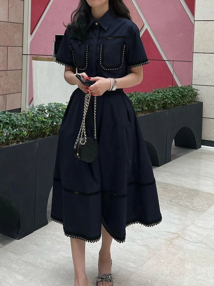 Elegant Two Piece Sets Lapel Short Sleeve Blouses High Waist Pleated Skirts