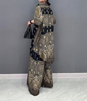 High Quality Printed V Neck Tops and Long Wide Leg Pants Two Piece Set