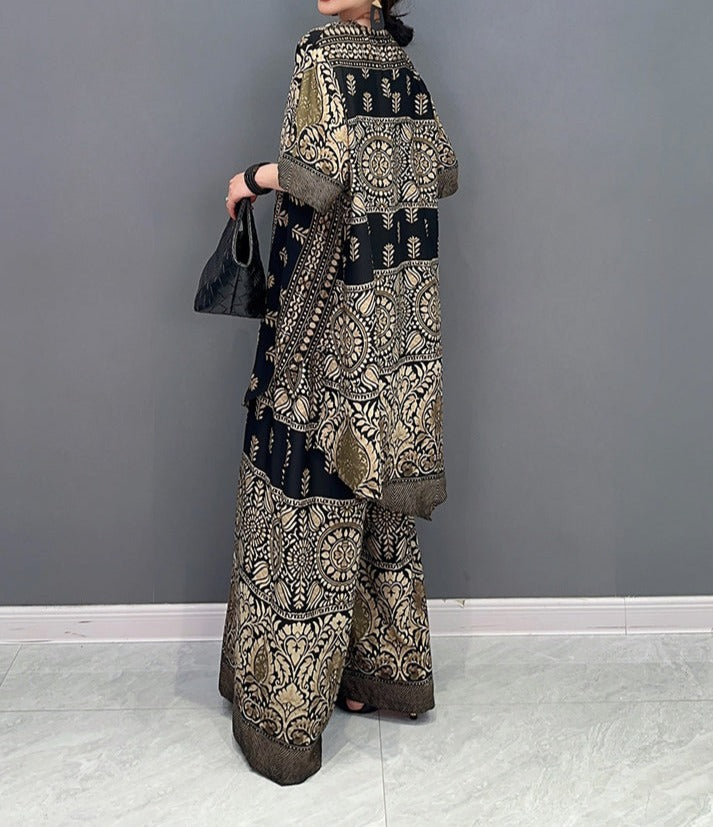 High Quality Printed V Neck Tops and Long Wide Leg Pants Two Piece Set