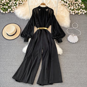 High Quality Wide Leg Lantern Sleeve Stand Collar Pleated Jumpsuit