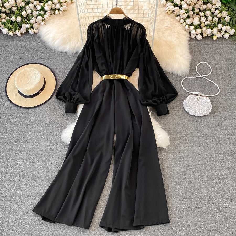 High Quality Wide Leg Lantern Sleeve Stand Collar Pleated Jumpsuit