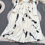 High Quality Satin Ink Print Polo Neck Long Sleeve A-Line Shirt Dress