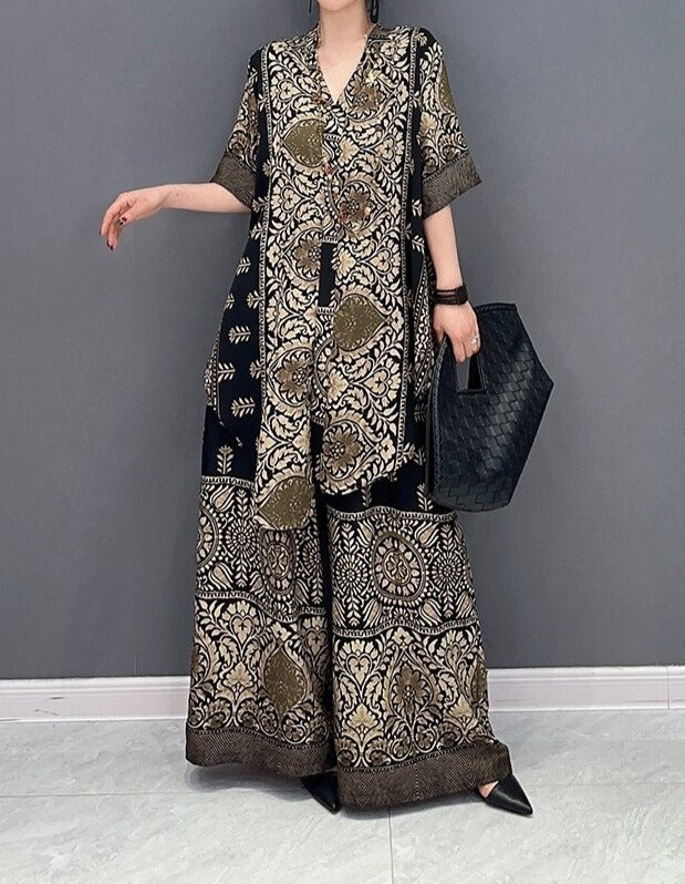 High Quality Printed V Neck Tops and Long Wide Leg Pants Two Piece Set