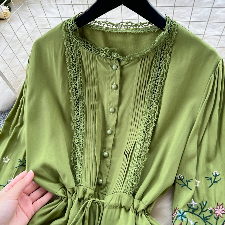 Vintage elegant dress with patchwork embroidery, lace ruffles, high-quality flared sleeves
