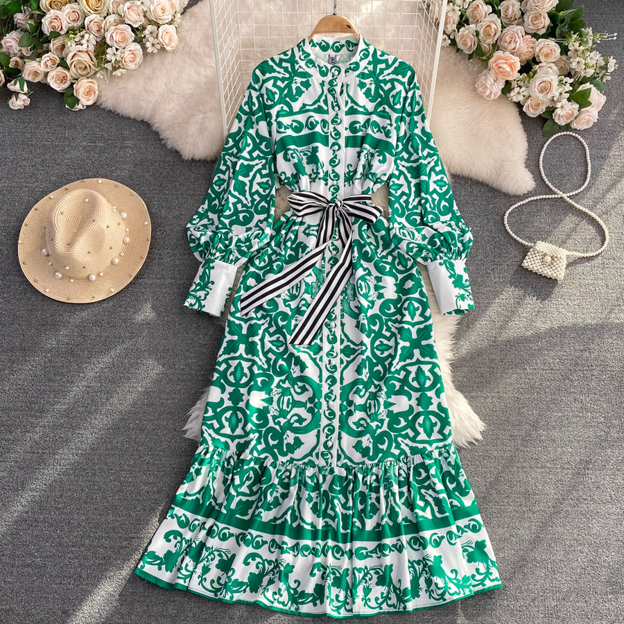 Bohemian Geometric Flower Print Stand Collar Lantern Sleeve Lace Up High Quality Maxi Dress