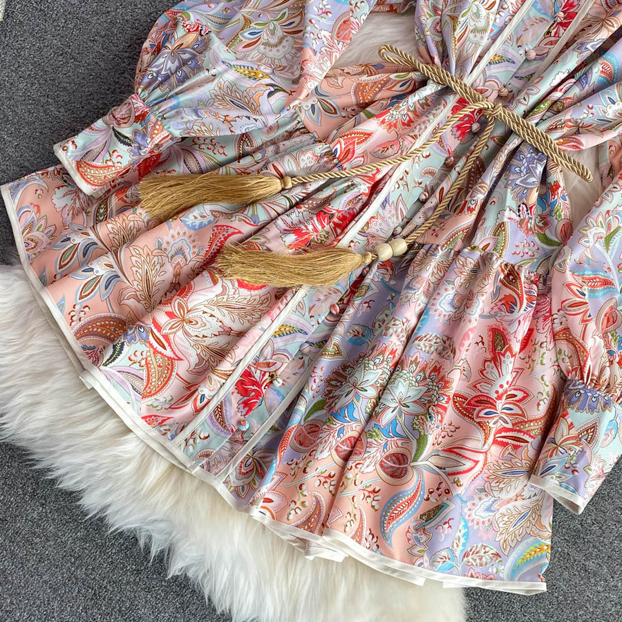 High Quality Big Hem Long Sleeve Turtleneck Printed Dress