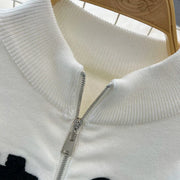 Two-piece set, high-neck sweater with zipper and high-quality wide-leg pants