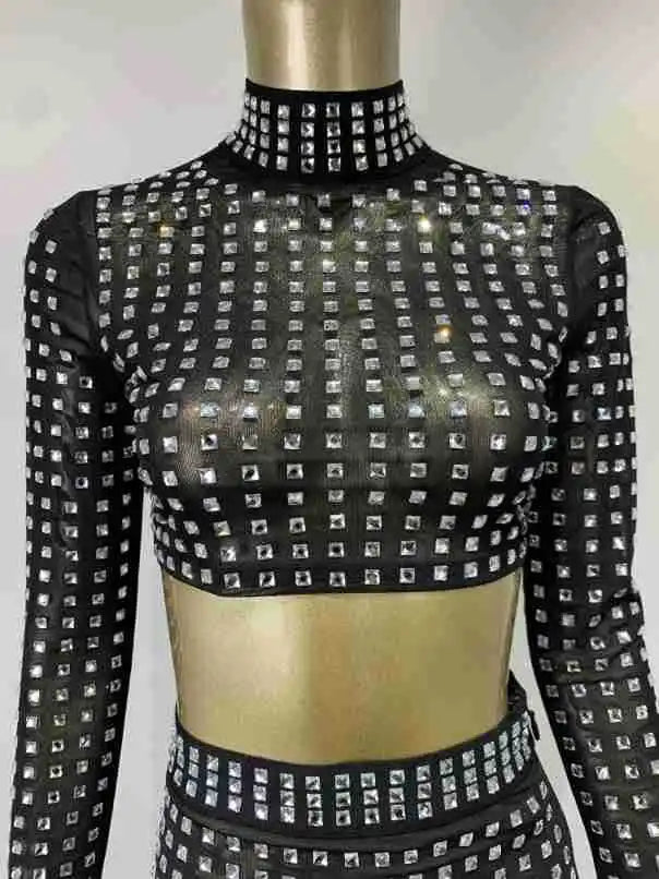High Quality Shiny Black Mesh Studded High Neck Sexy Midi Bodycon Skirt Set