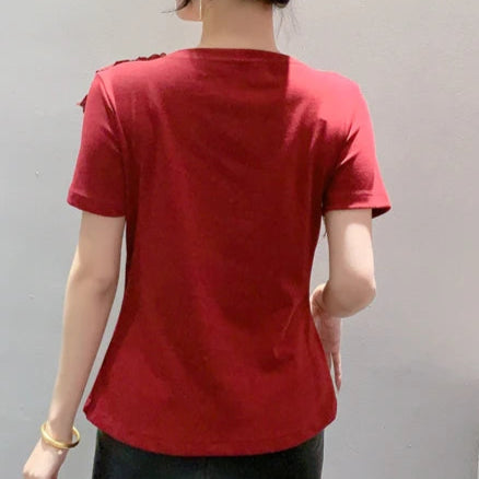 High Quality Pleated Cross Slash Neck Short Sleeve T-shirts