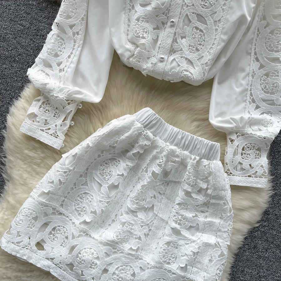 Retro Two Piece Set Hollow Out Long Sleeve Shirt+High Quality Mini Skirts