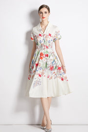 High Quality Belted Floral Print Short Sleeve Notched Neck Short Sleeve Vintage Flower Shirt Dress