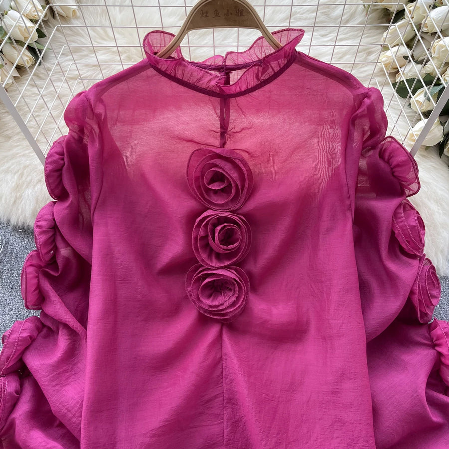 3D Floral Sheer Shirt Ruffle Collar Long Sleeve High Quality