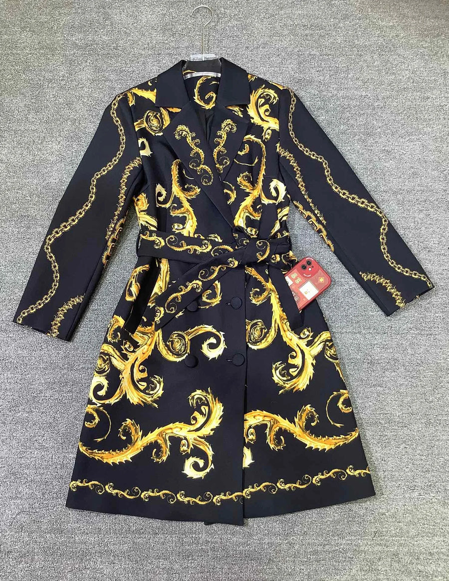 High quality vintage yellow flower print double breasted belt elegant coat.