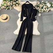 Senior Knitted Suits Fashion Metal Button Vest+V Neck Long Sleeves Cardigans+Wide Legs Pants Stripe Three Pieces Sets