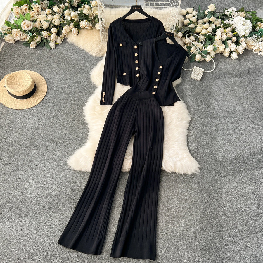 Senior Knitted Suits Fashion Metal Button Vest+V Neck Long Sleeves Cardigans+Wide Legs Pants Stripe Three Pieces Sets