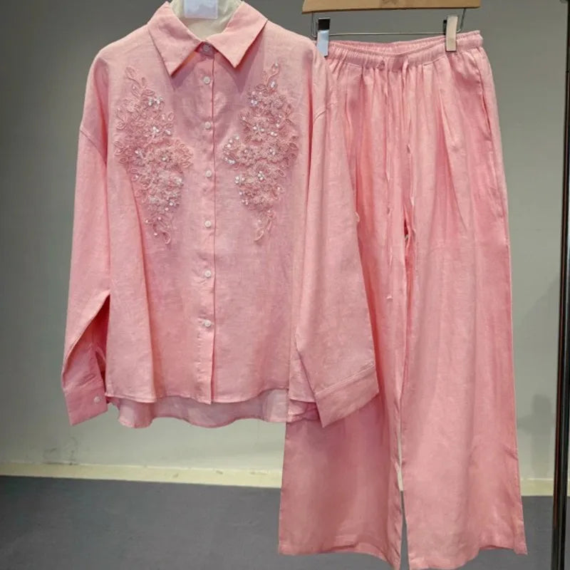 Spring Summer Women Embroidered Linen Sets Loose Fit Long Sleeve Shirt Outfits Elastic Waist Wide Leg Floor Pants Two Piece Set