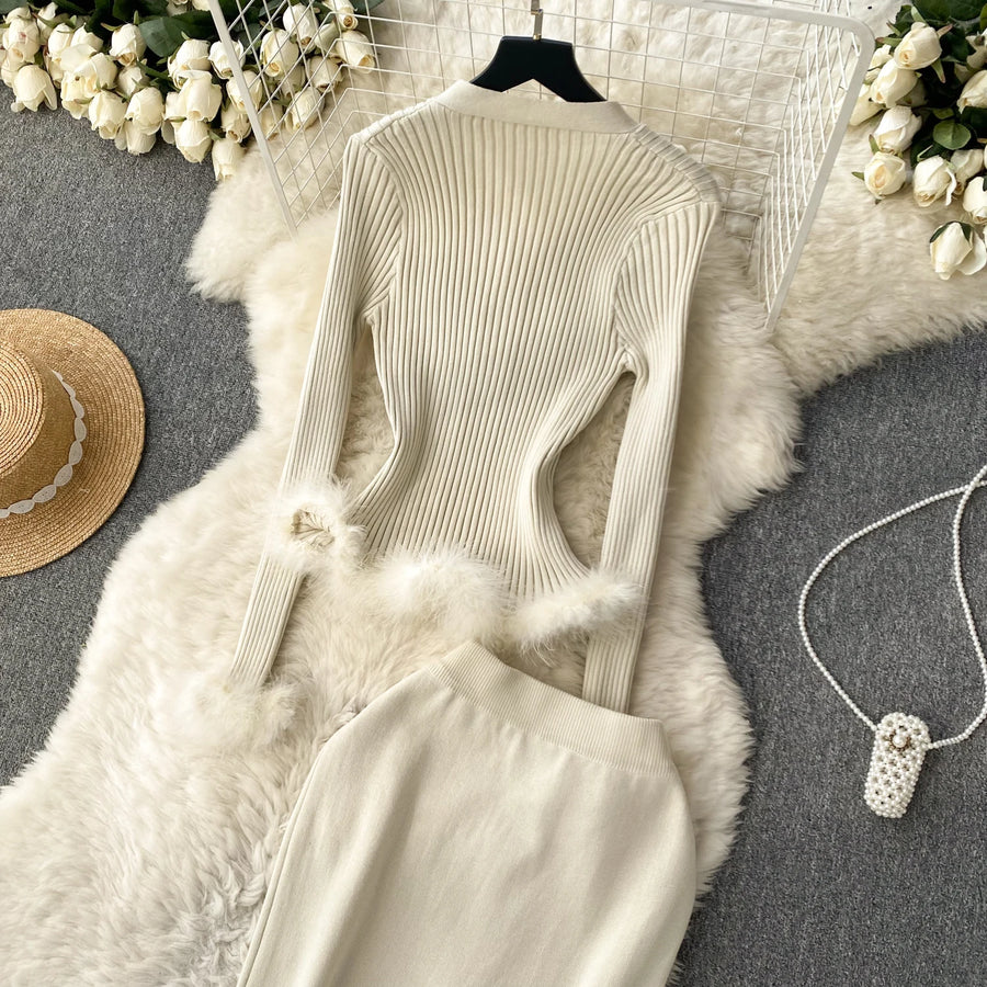 Basic Sets V-Neck Button-Down Knitted Blouse + High Quality Elastic Waist Bodycon Skirt