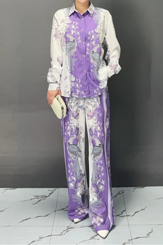 Printed Collar Long Sleeve Fashion Set High Quality Wide Leg Casual Sports Pants
