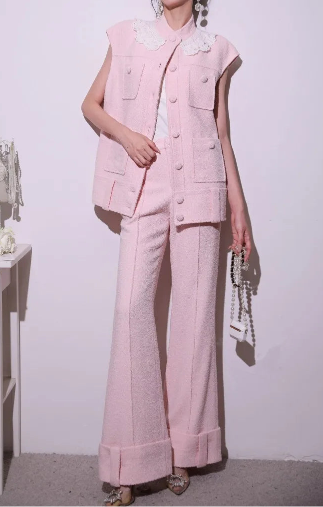Sweet Pink Lace Collar Women Vest Sets Loose Fit Multi Pocket Sleeveless Jacket Two-Piece Set Full Length Wide Leg Pant Outfits
