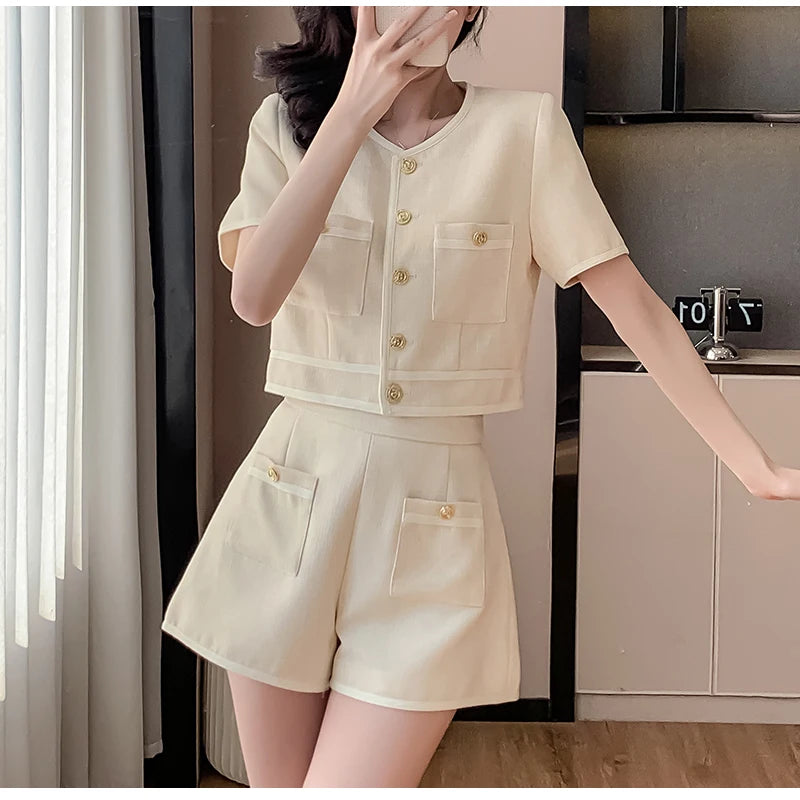 Two 2 Piece Shorts Sets Women Tweed Shorts Suits Office Ladies Single-Breasted Short Sleeve Jacket Coat High Waist Shorts S-XL