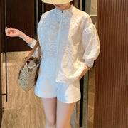 High Quality Round Neck Puff Sleeve Embroidery Single Breasted Cotton Shirt