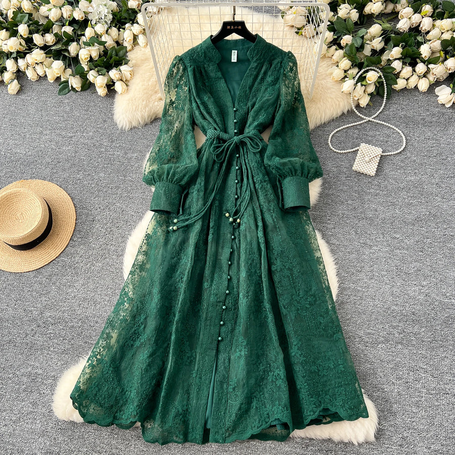 High-end vintage elegant V-neck long-sleeved dress