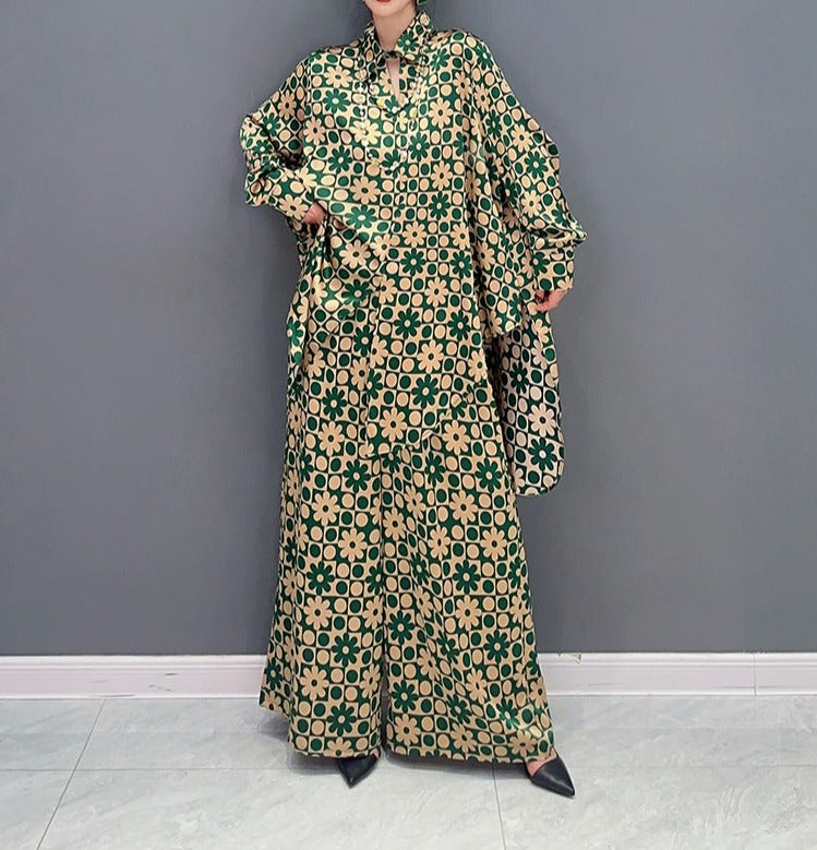 Two-pieces Long Sets For Spring Autumn Printing Long Shirt And Wide Leg Pants Casual Loose Matching Suit Clothes