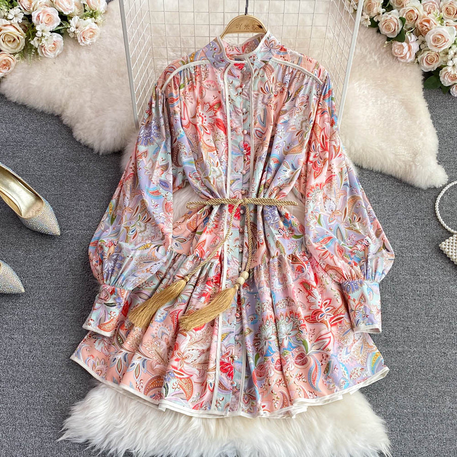 High Quality Big Hem Long Sleeve Turtleneck Printed Dress