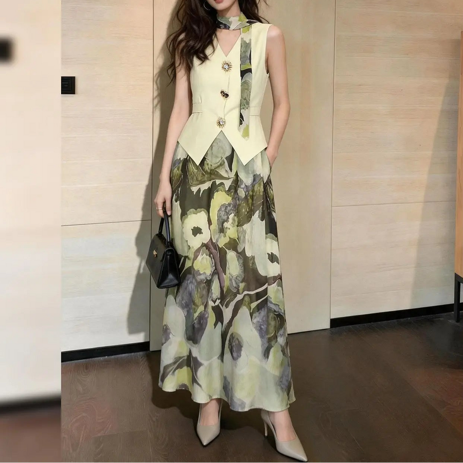 New Summer Office Lady Women's Suit Fashion V-neck Sleeveless Vest Top with Ribbon + A-line Printed Long Skirt Two Piece Set
