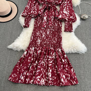 Retro Sweet V Neck Slim Lace -up Print Autumn Summer Elegant Elastic Dress A-line Long Sleeve Vacation Women Mermaid Dresses