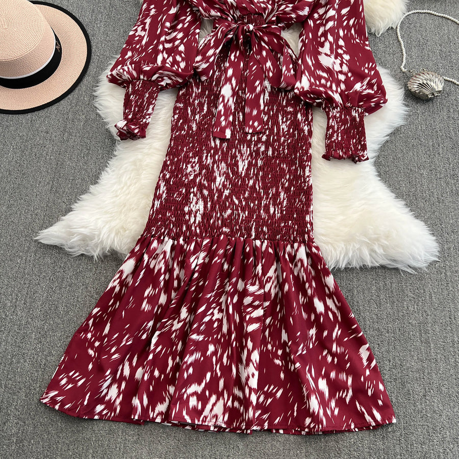 Retro Sweet V Neck Slim Lace -up Print Autumn Summer Elegant Elastic Dress A-line Long Sleeve Vacation Women Mermaid Dresses